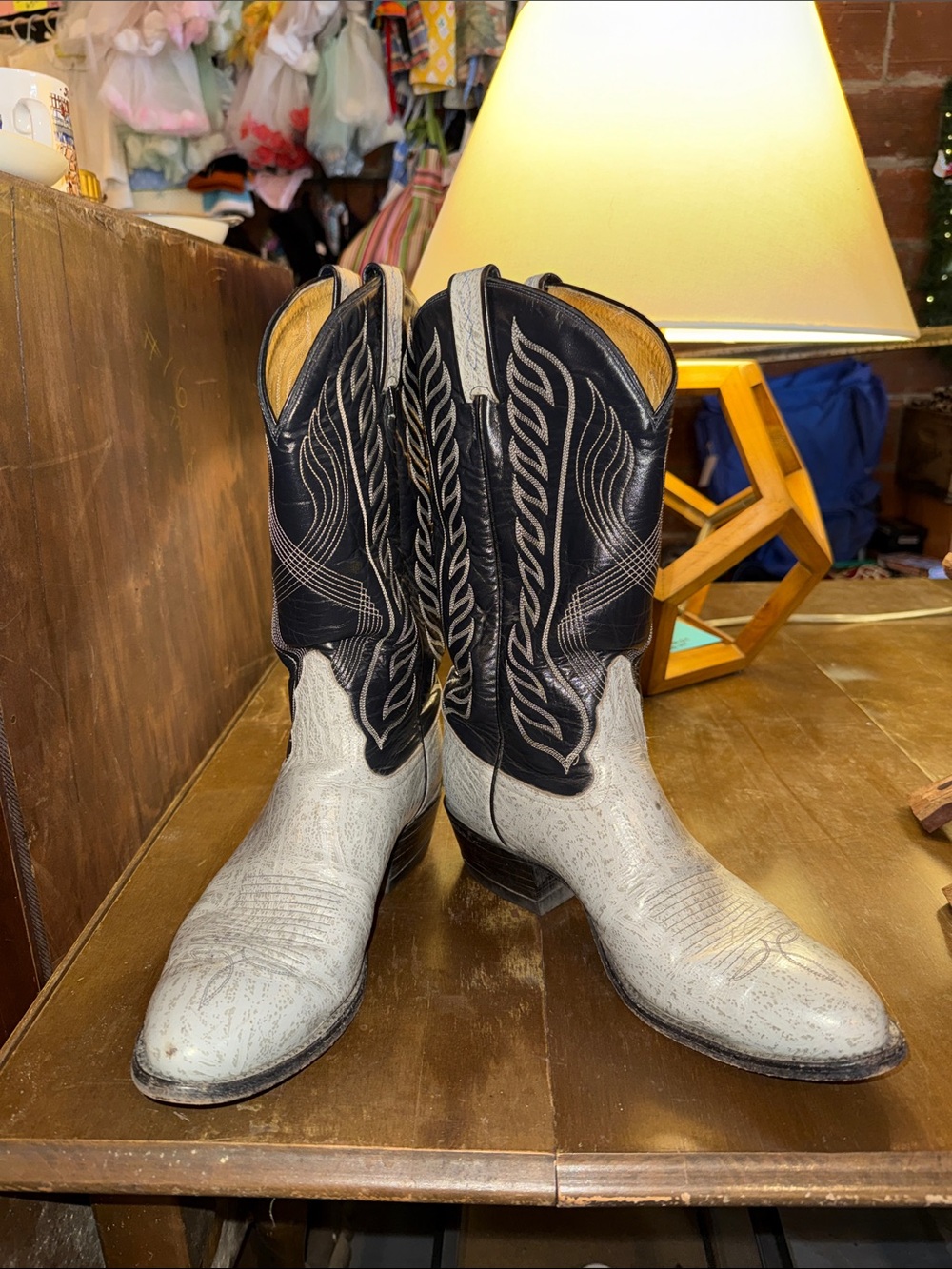 Tony Lama Black and White Western Leather Cowboy Boots